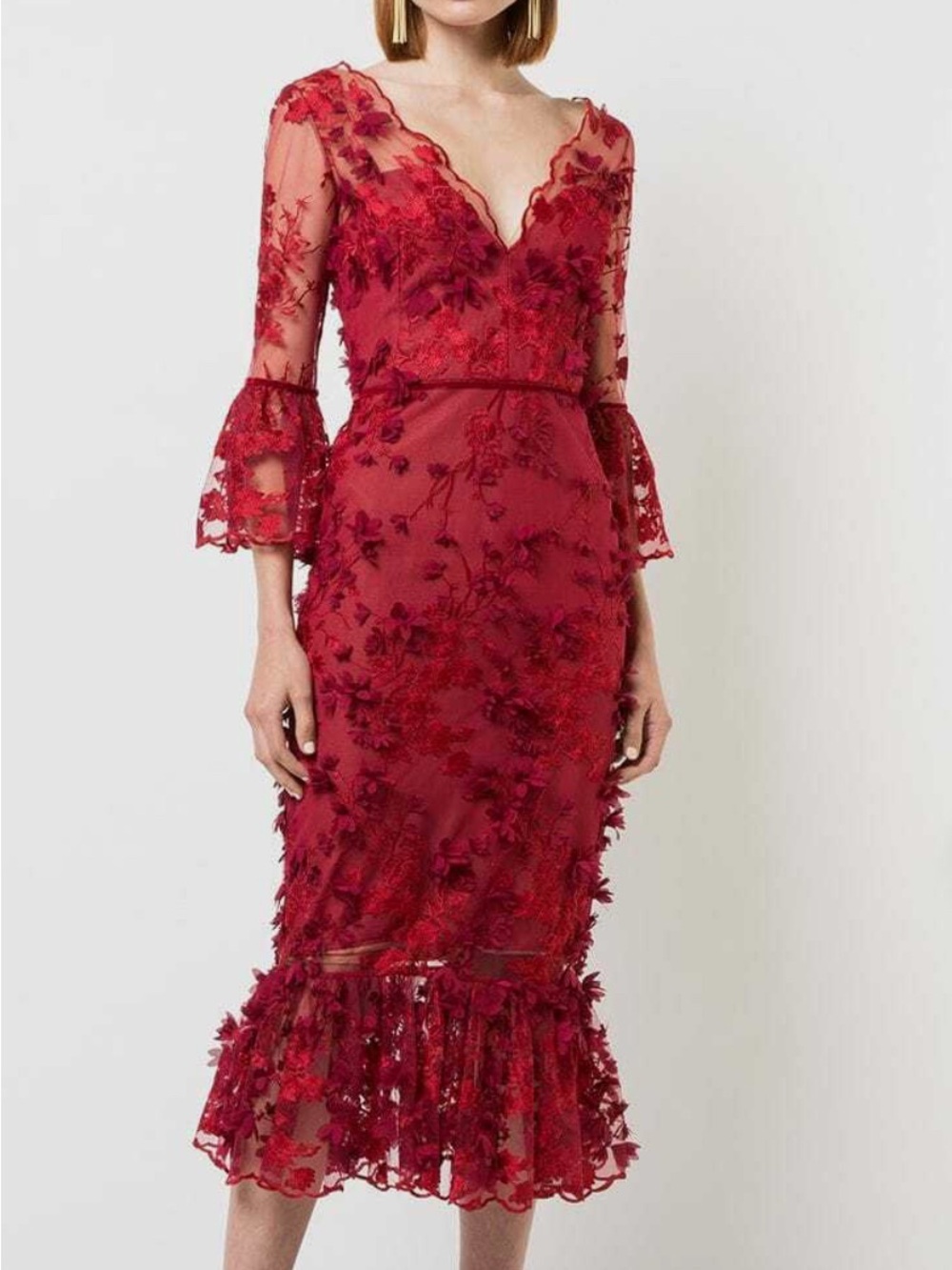Red Floral Lace Midi Dress with V-Neck and Fluted Hem